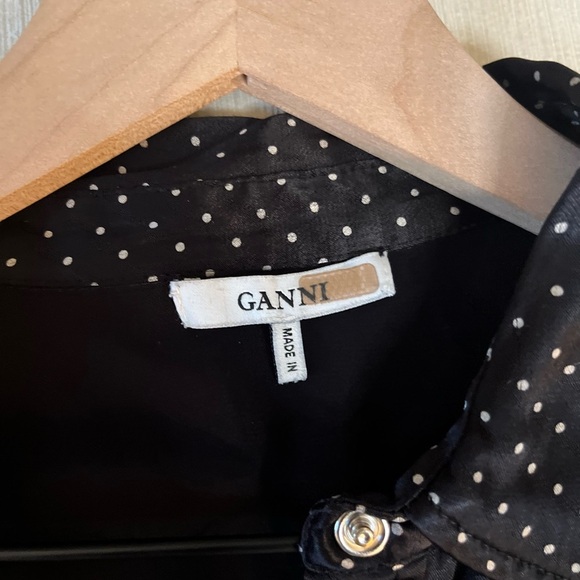 Ganni Long Sleeved Blouse - Women's Medium Black White - Polka Dot Satin - Picture 6 of 14